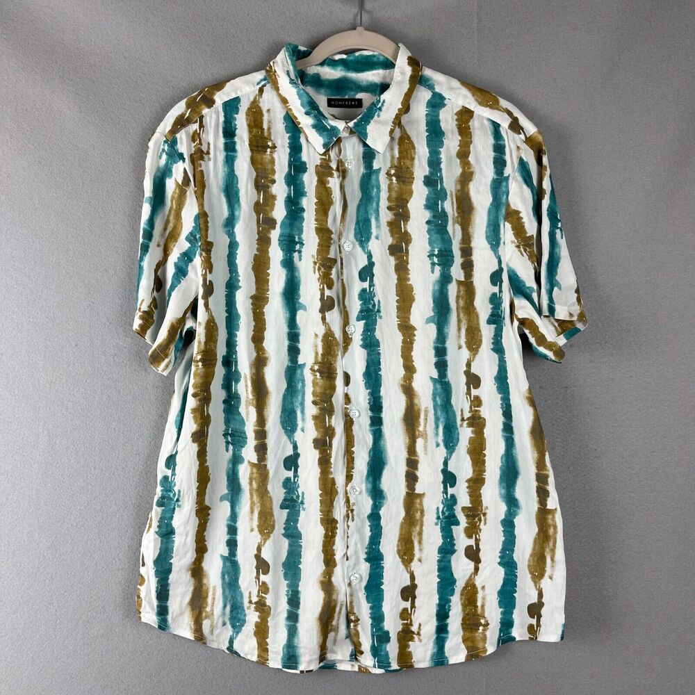 Monfrère Striped Linen Blend Shirt Mens Large Striped Button Up Resort Artsy